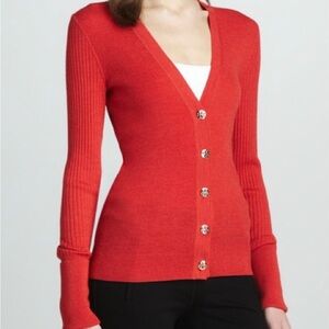 Tory Burch Red Ribbed V-neck Button Down Cardigan Size Medium